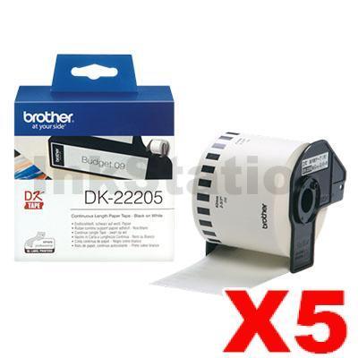 5 x Brother DK-22205 Genuine Black Text on White Continuous Paper Label Roll 62mm x 30.48m