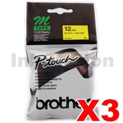 3 x Brother M-K631 Genuine 12mm Black Text on Yellow Tape - 8 meters