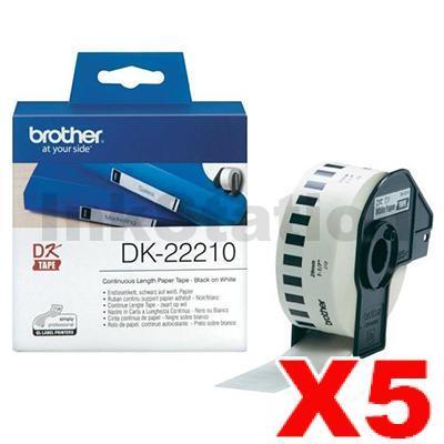 5 x Brother DK-22210 Genuine Black Text on White Continuous Paper Label Roll 29mm x 30.48m