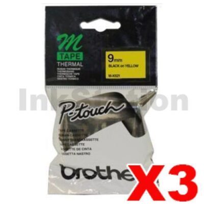 3 x Brother M-K621 Genuine 9mm Black Text on Yellow Tape - 8 meters