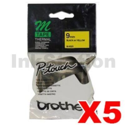 5 x Brother M-K621 Genuine 9mm Black Text on Yellow Tape - 8 meters