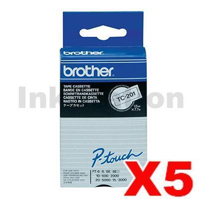 5 x Brother TC-201 Genuine 12mm Black Text on White Tape - 7.7 meters