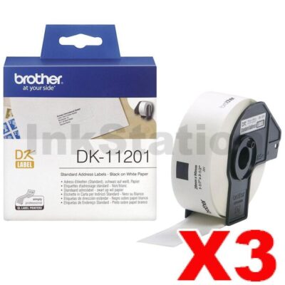 3 x Brother DK-11201 Genuine Black Text on White 29mm x 90mm Die-Cut Paper Label Roll - 400 labels per roll