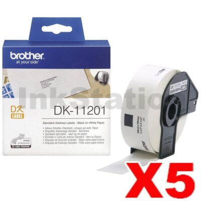 5 x Brother DK-11201 Genuine Black Text on White 29mm x 90mm Die-Cut Paper Label Roll - 400 labels per roll