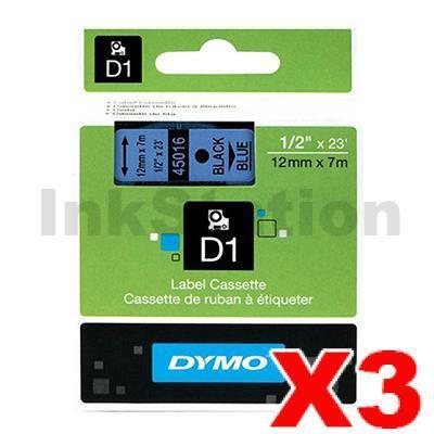 3 x Dymo SD45016 / S0720560 Genuine 12mm Black Text on Blue Label Cassette - 7 meters