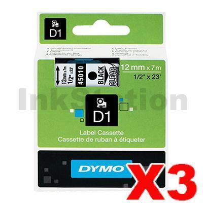 3 x Dymo SD45010 / S0720500 Genuine 12mm Black Text on Clear Label Cassette - 7 meters