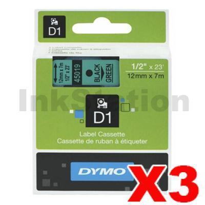 3 x Dymo SD45019 / S0720590 Genuine 12mm Black Text on Green Label Cassette - 7 meters