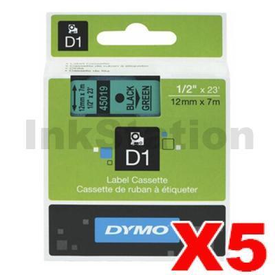 5 x Dymo SD45019 / S0720590 Genuine 12mm Black Text on Green Label Cassette - 7 meters