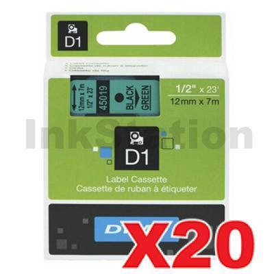 20 x Dymo SD45019 / S0720590 Genuine 12mm Black Text on Green Label Cassette - 7 meters