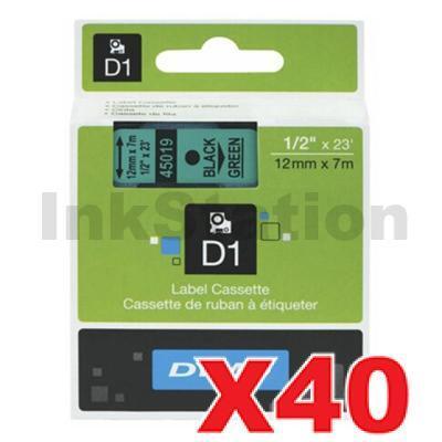 40 x Dymo SD45019 / S0720590 Genuine 12mm Black Text on Green Label Cassette - 7 meters