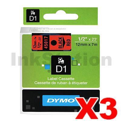 3 x Dymo SD45017 / S0720570 Genuine 12mm Black Text on Red Label Cassette - 7 meters
