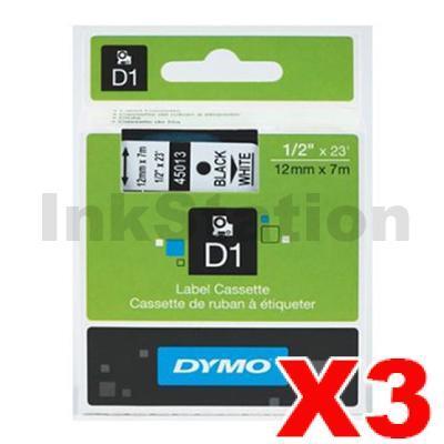 3 x Dymo SD45013 / S0720530 Genuine 12mm Black Text on White Label Cassette - 7 meters