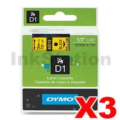 3 x Dymo SD45018 / S0720580 Genuine 12mm Black Text on Yellow Label Cassette - 7 meters