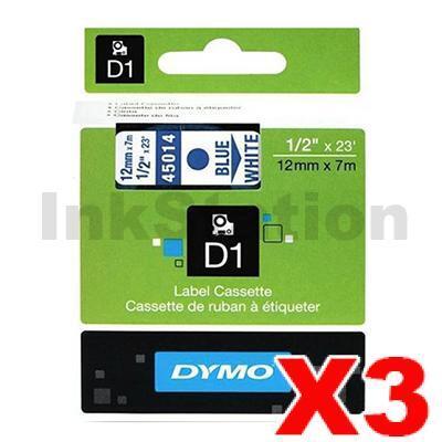 3 x Dymo SD45014 / S0720540 Genuine 12mm Blue Text on White Label Cassette - 7 meters