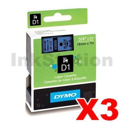 3 x Dymo SD45806 / S0720860 Genuine 19mm Black Text on Blue Label Cassette - 7 meters