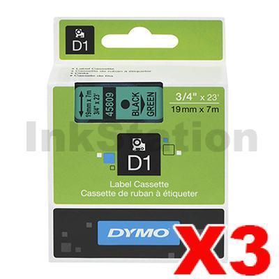 3 x Dymo SD45809 / S0720890 Genuine 19mm Black Text on Green Label Cassette - 7 meters