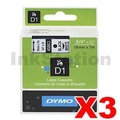 3 x Dymo SD45803 / S0720830 Genuine 19mm Black Text on White Label Cassette - 7 meters