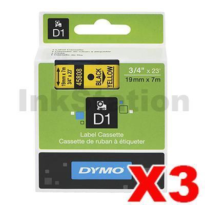 3 x Dymo SD45808 / S0720880 Genuine 19mm Black Text on Yellow Label Cassette - 7 meters