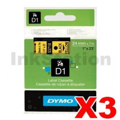3 x Dymo D1 SD53718 / S0720980 Genuine 24mm Black Text on Yellow Label Cassette - 7 meters