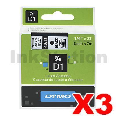 3 x Dymo SD43613 / S0720780 Genuine 6mm Black Text on White Label Cassette - 7 meters
