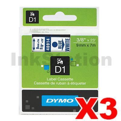 3 x Dymo SD40914 / S0720690 Genuine 9mm Blue Text on White Label Cassette - 7 meters