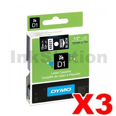 3 x Dymo SD45021 / S0720610 Genuine 12mm White Text on Black Label Cassette - 7 meters