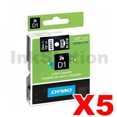 5 x Dymo SD45021 / S0720610 Genuine 12mm White Text on Black Label Cassette - 7 meters