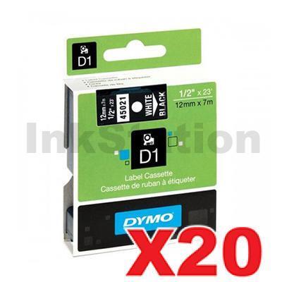 20 x Dymo SD45021 / S0720610 Genuine 12mm White Text on Black Label Cassette - 7 meters