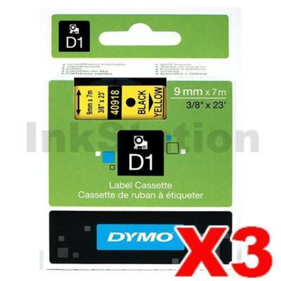 3 x Dymo SD40918 / S0720730 Genuine 9mm Black Text on Yellow Label Cassette - 7 meters