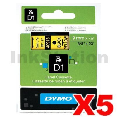 5 x Dymo SD40918 / S0720730 Genuine 9mm Black Text on Yellow Label Cassette - 7 meters