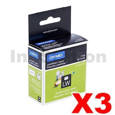 3 x Dymo SD11353 / S0722530 Genuine Multi Purpose 2UP Label Roll 13mm x 25mm - 1,000 labels per roll