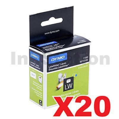 20 x Dymo SD11353 / S0722530 Genuine Multi Purpose 2UP Label Roll 13mm x 25mm - 1,000 labels per roll