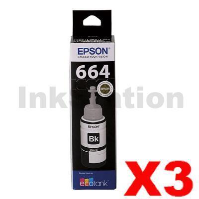 3 x Genuine Epson T664 EcoTank Black Ink Bottle