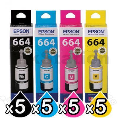 20-Pack Genuine Epson T664 EcoTank Ink Bottles [5BK+5C+5M+5Y]