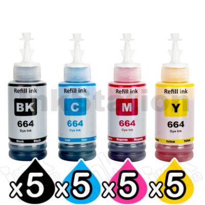 20-Pack Compatible Epson T664 EcoTank Ink Bottles [5BK+5C+5M+5Y]