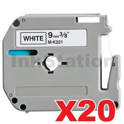 20 x Brother M-K221 Compatible 9mm Black Text on White Tape - 8 meters