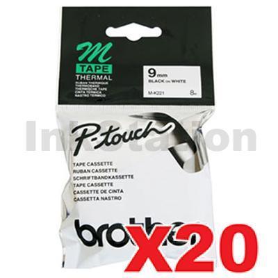 20 x Brother M-K221 Genuine 9mm Black Text on White Tape - 8 meters