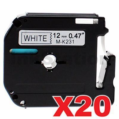20 x Brother M-K231 Compatible 12mm Black Text on White Tape - 8 meters