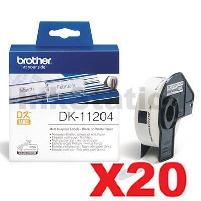 20 x Brother DK-11204 Genuine Black Text on White Die-Cut Paper Label Roll 17mm x 54mm - 400 labels per roll