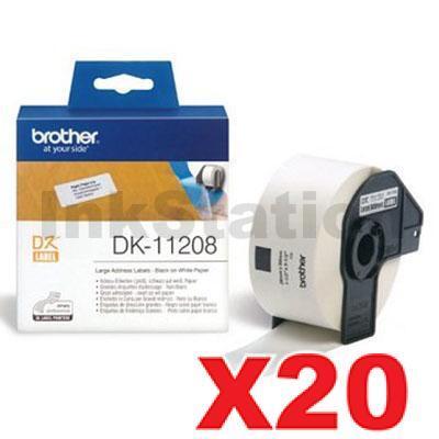 20 x Brother DK-11208 Genuine Black Text on White Die-Cut Paper Label Roll 38mm x 90mm - 400 labels per roll