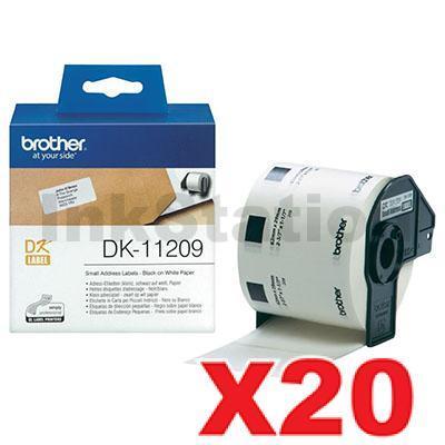 20 x Brother DK-11209 Genuine Black Text on White Die-Cut Paper Label Roll 29mm x 62mm - 800 labels per roll