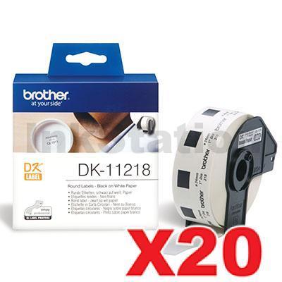20 x Brother DK-11218 Genuine Black Text on White 24mm Diameter Die-Cut Paper Label Roll - 1000 labels per roll