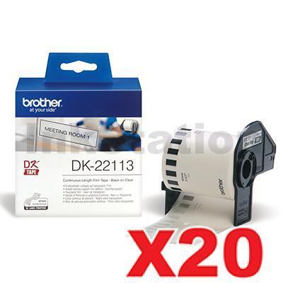 20 x Brother DK-22113 Genuine Black Text on Clear Continuous Film Label Roll 62mm x 15.24m