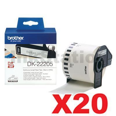 20 x Brother DK-22205 Genuine Black Text on White Continuous Paper Label Roll 62mm x 30.48m
