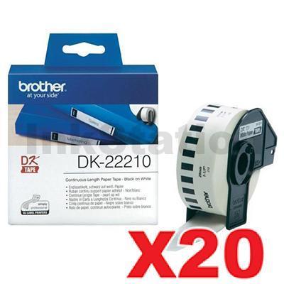 20 x Brother DK-22210 Genuine Black Text on White Continuous Paper Label Roll 29mm x 30.48m