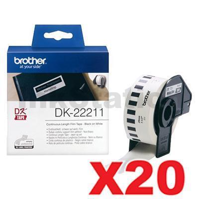 20 x Brother DK-22211 Genuine Black Text on White Continuous Film Label Roll 29mm x 15.24m