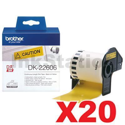 20 x Brother DK-22606 Genuine Black Text on Yellow Continuous Film Label Roll 62mm x 15.24m