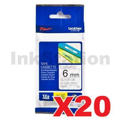20 x Brother TZe-111 Genuine 6mm Black Text on Clear Laminated Tape - 8 meters