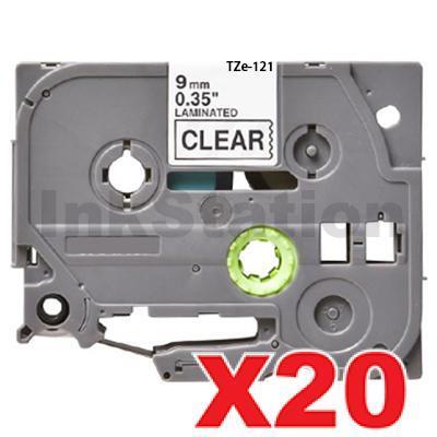 20 x Brother TZe-121 Compatible 9mm Black Text on Clear Laminated Tape - 8 meters