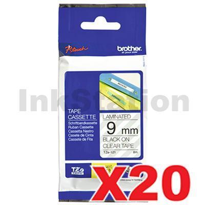 20 x Brother TZe-121 Genuine 9mm Black Text on Clear Laminated Tape - 8 meters